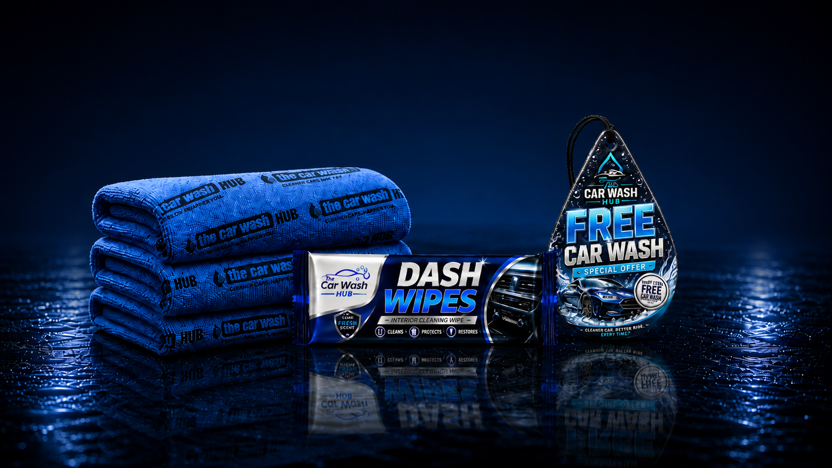 The Car Wash Hub custom branded car wash products including air fresheners, microfiber towels, and dash wipe sachets displayed at a modern express car wash