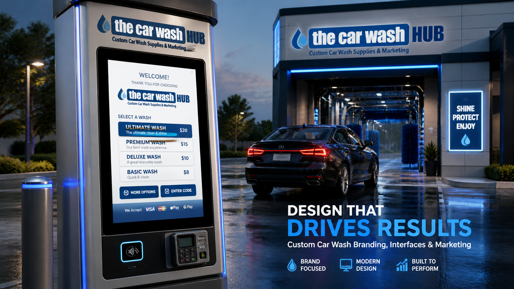 Car wash marketing design services including pay station screens, menu boards, signage, and branded product artwork